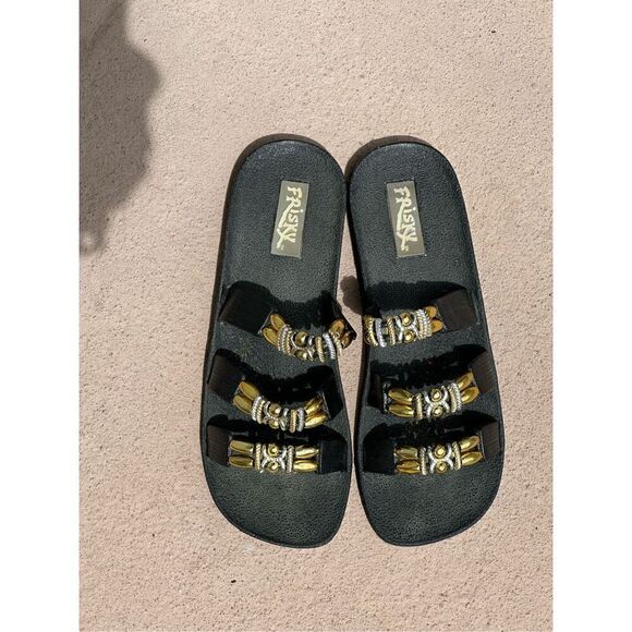 Frisky Gold Black Beaded Slip ons Size 9 - Picture 5 of 5